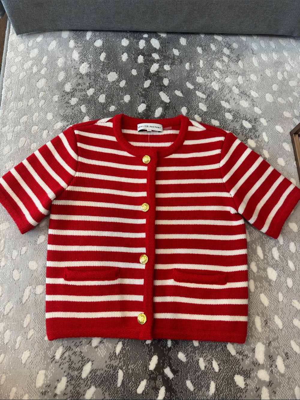 Red & White Striped Short-Sleeve Cardigan with Gold Buttons